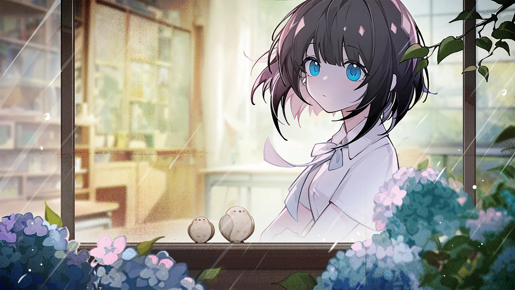 Rain window with hydrangeas