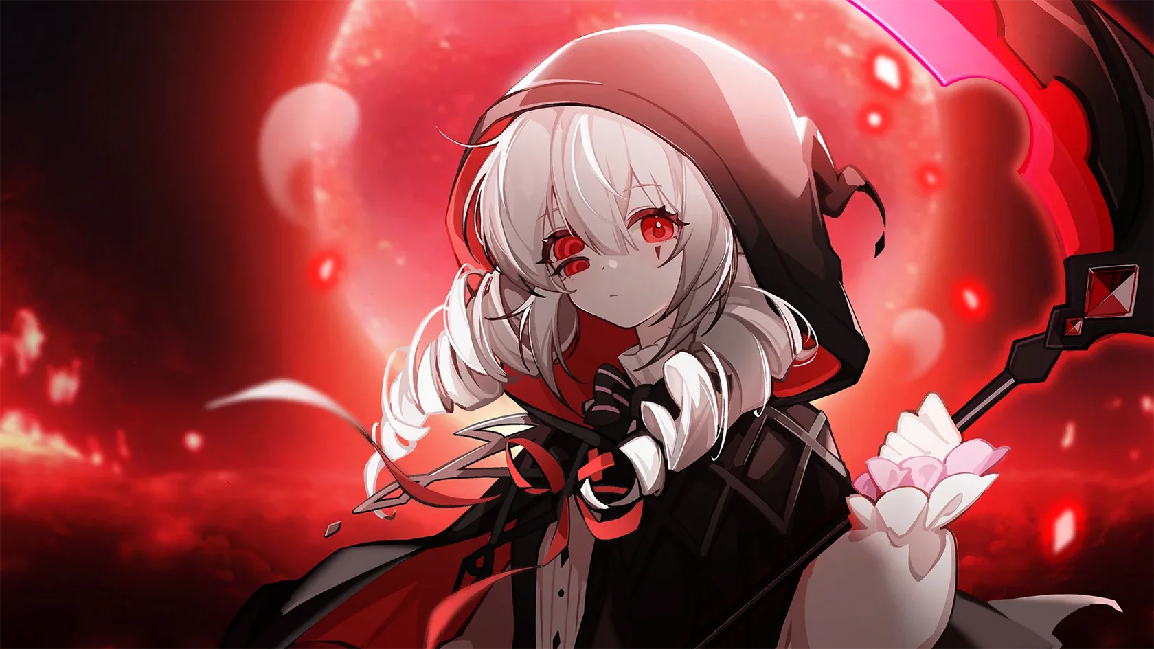 Hooded figure before a red moon