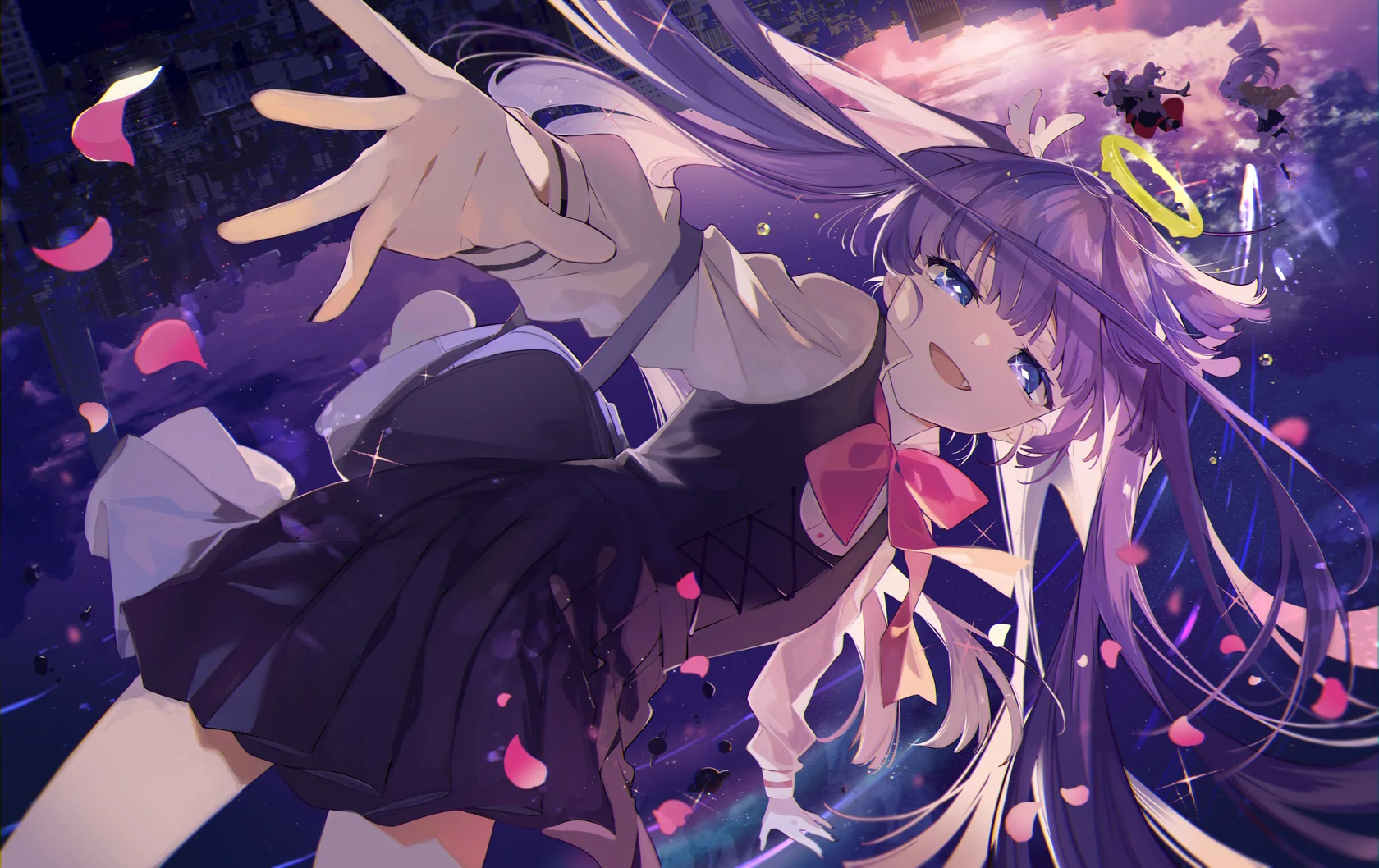 Girl falling through a violet sky, reaching out