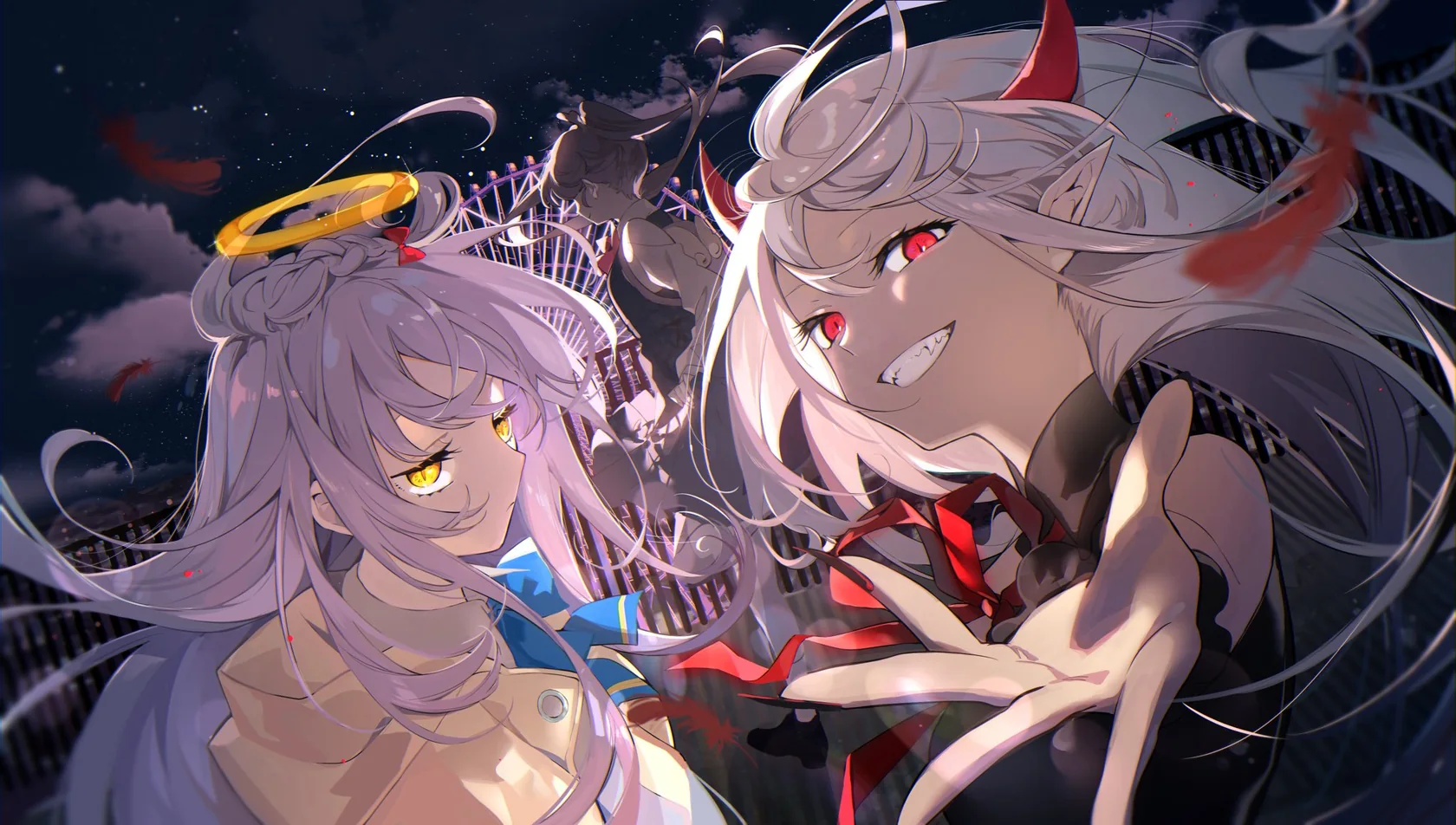 Two girls before a night amusement park